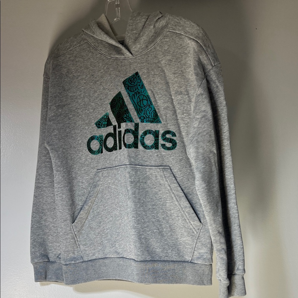 Unisex Junior Adidas Heather Gray Hoodie with Teal Foil Graphic